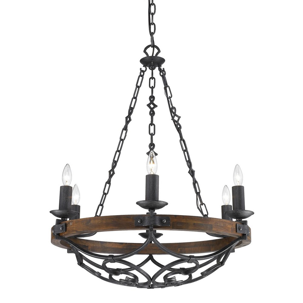 Golden Lighting-1821-6 BI-Madera - 6 Light Chandelier in Sturdy style - 33.5 Inches high by 28.25 Inches wide   Black Iron Finish with Wood Accents